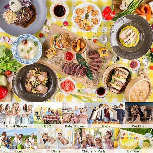 Alt view image 6 of 7 - 2 Pack Yellow and White Checkered Tablecloth Yellow Gingham Plastic Table Cloths for Parties Disposable 54x108 in Waterproof Rectangle Table Covers for Party Baby Shower Birthday Christmas Picnic