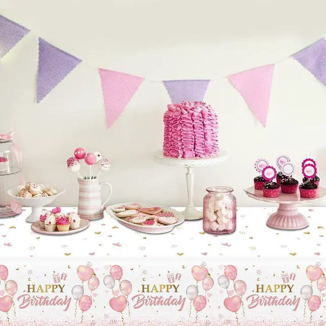 Alt view image 5 of 6 - 3 Pieces Pink Rose Gold Tablecloth for Rose Gold Birthday Decoration Plastic Disposable Party Table Covers for Rectangle Tables Girl Women Parties Happy Birthday Wedding Party Favors, 54 x 108 Inches