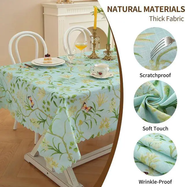 Alt view image 4 of 7 - Rectangle Waterproof Tablecloth Linen Textured Table Cloth,Stain and Wrinkle Resistant Washable Fabric Table Cover for Dining, Party, Camping and Outdoor, 52 x 70 Inch, Green Leaves