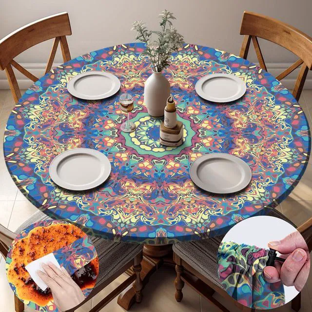 Main image of Round Tablecloth Waterproof Boho Fitted Vinyl Table Cloth Summer Fall Outdoor Circle Cover for 36-44" Tables Kitchen Dining Apartment Essentials Camping Picnic Party Decor Housewarming Gifts
