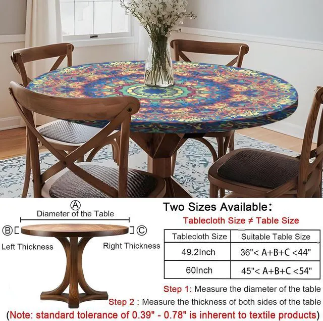 Alt view image 2 of 7 - Round Tablecloth Waterproof Boho Fitted Vinyl Table Cloth Summer Fall Outdoor Circle Cover for 36-44" Tables Kitchen Dining Apartment Essentials Camping Picnic Party Decor Housewarming Gifts