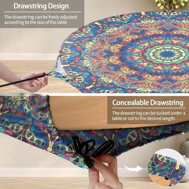 Alt view image 3 of 7 - Round Tablecloth Waterproof Boho Fitted Vinyl Table Cloth Summer Fall Outdoor Circle Cover for 36-44" Tables Kitchen Dining Apartment Essentials Camping Picnic Party Decor Housewarming Gifts
