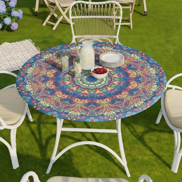 Alt view image 6 of 7 - Round Tablecloth Waterproof Boho Fitted Vinyl Table Cloth Summer Fall Outdoor Circle Cover for 36-44" Tables Kitchen Dining Apartment Essentials Camping Picnic Party Decor Housewarming Gifts