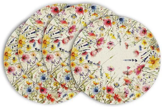 Main image of Daisy Lavender Floral Leaves Spring Round Placemats Set of 4,14 Inch Seasonal Spring Table Mats for Party Kitchen Dining Decoration