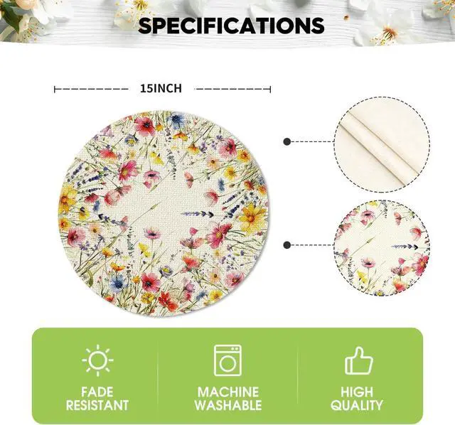 Alt view image 6 of 6 - Daisy Lavender Floral Leaves Spring Round Placemats Set of 4,14 Inch Seasonal Spring Table Mats for Party Kitchen Dining Decoration