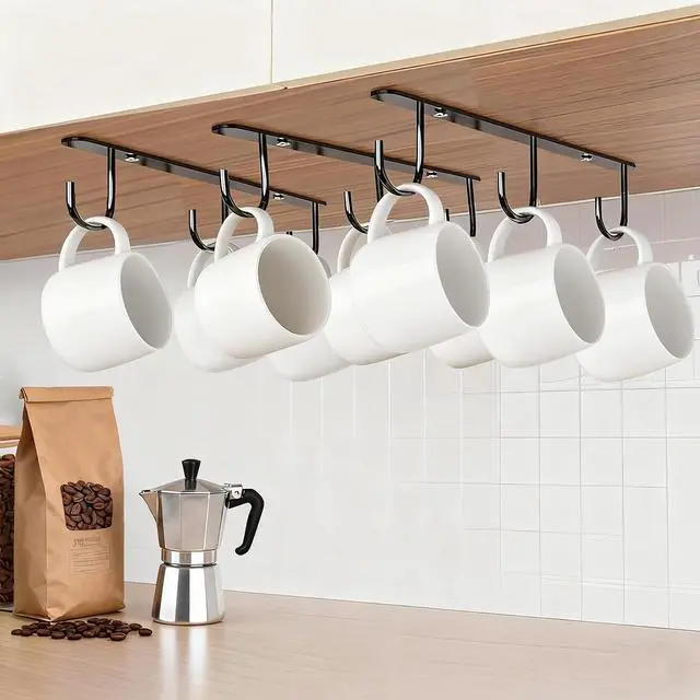 Main image of 3pcs Under Cabinet Mug Hooks,Adhesive/Screw 2 Ways Install Mug Holder,Coffee Cups Hook with 9 Hooks,Mug Organizion Rack for Displaying Mugs/Cups/Kitchen Utensils (Black)