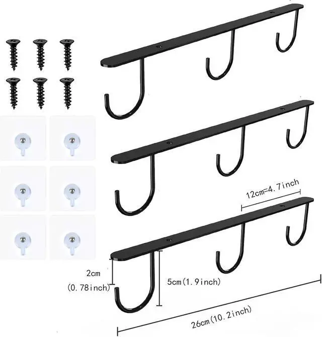 Alt view image 6 of 7 - 3pcs Under Cabinet Mug Hooks,Adhesive/Screw 2 Ways Install Mug Holder,Coffee Cups Hook with 9 Hooks,Mug Organizion Rack for Displaying Mugs/Cups/Kitchen Utensils (Black)