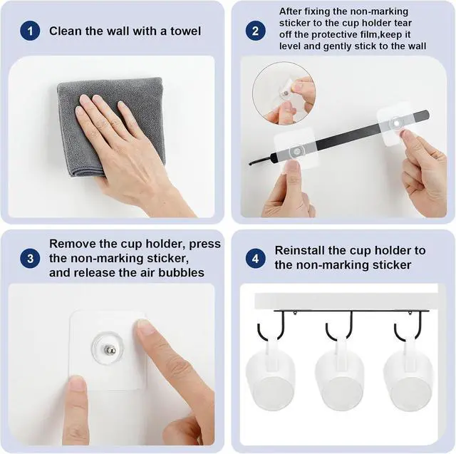 Alt view image 7 of 7 - 3pcs Under Cabinet Mug Hooks,Adhesive/Screw 2 Ways Install Mug Holder,Coffee Cups Hook with 9 Hooks,Mug Organizion Rack for Displaying Mugs/Cups/Kitchen Utensils (Black)