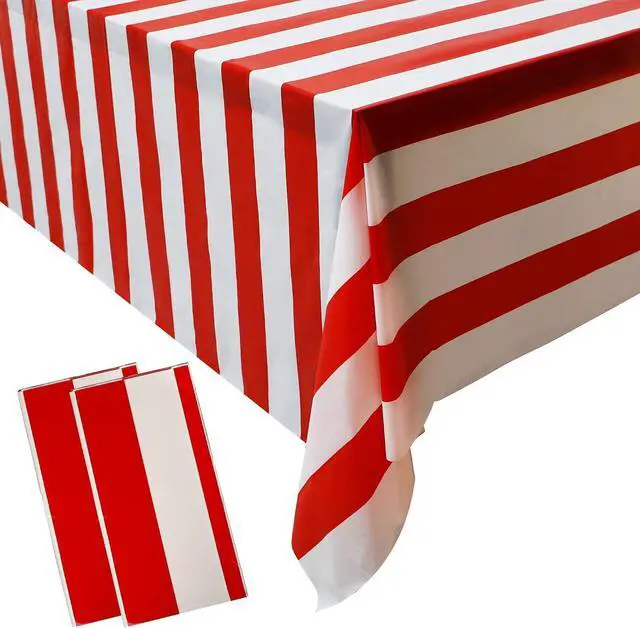 Main image of 2 Pieces Red and White Striped Tablecloth Plastic Stripe Table Cover Carnival Circus Tablecloths Waterproof Rectangle Tablecloth for Holiday Party Picnic Decoration, 54" x 107"