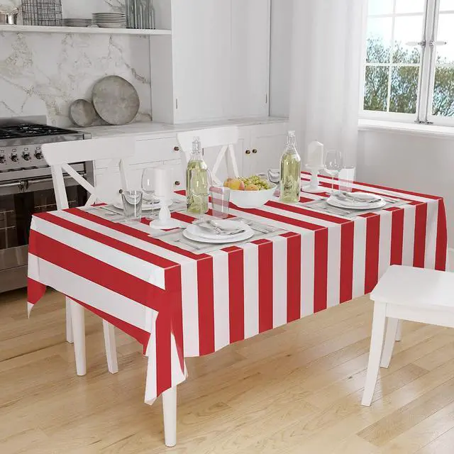 Alt view image 4 of 7 - 2 Pieces Red and White Striped Tablecloth Plastic Stripe Table Cover Carnival Circus Tablecloths Waterproof Rectangle Tablecloth for Holiday Party Picnic Decoration, 54" x 107"