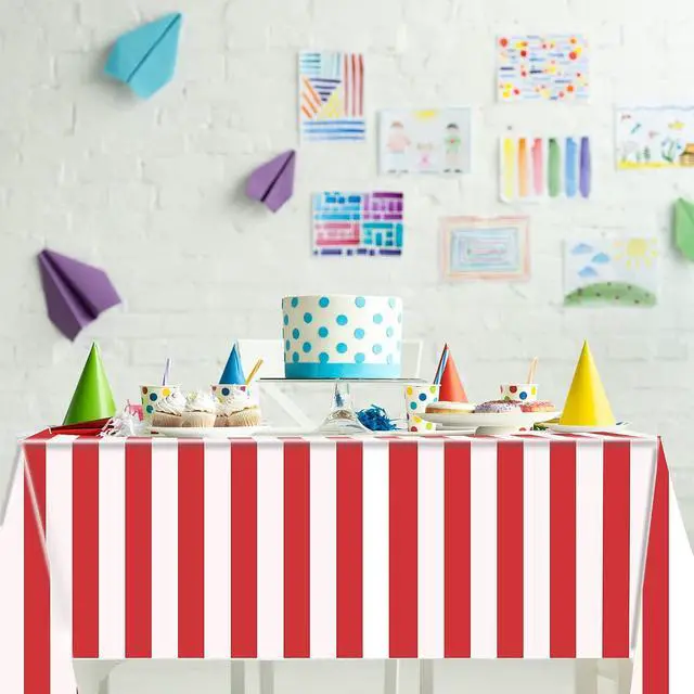 Alt view image 6 of 7 - 2 Pieces Red and White Striped Tablecloth Plastic Stripe Table Cover Carnival Circus Tablecloths Waterproof Rectangle Tablecloth for Holiday Party Picnic Decoration, 54" x 107"