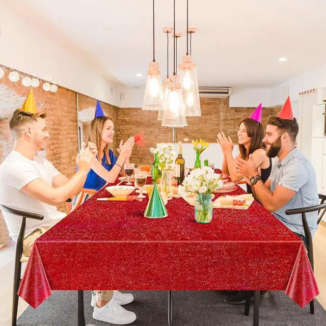 Alt view image 3 of 7 - 2 pcs Red Holographic Laser Tablecloths for Parties 40" x 108" Christmas Table Cloth Iridescence Shining Table Decoration For 4th July Graduation Patriotic Casino Night Theme Birthday Party Supplies