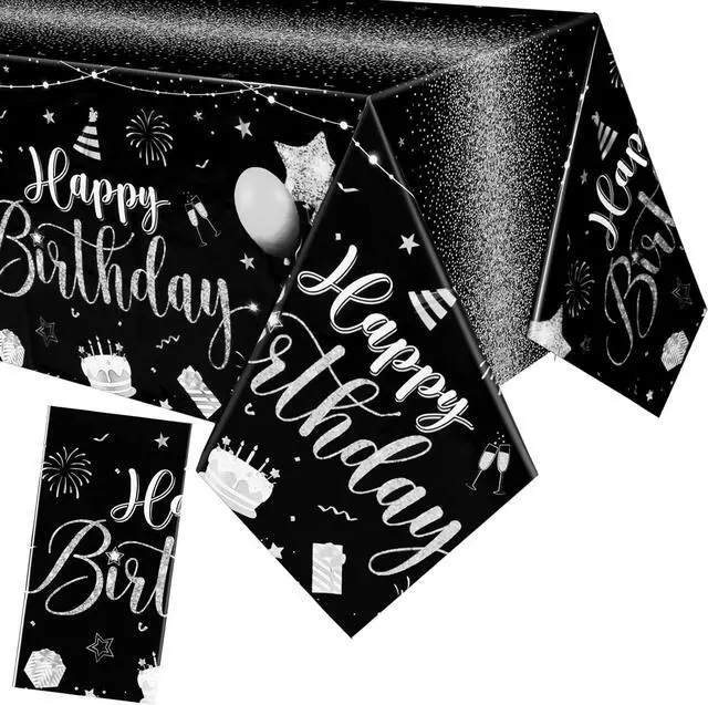 Main image of 3 Pcs Plastic Happy Birthday Party Tablecloths,Black Silver