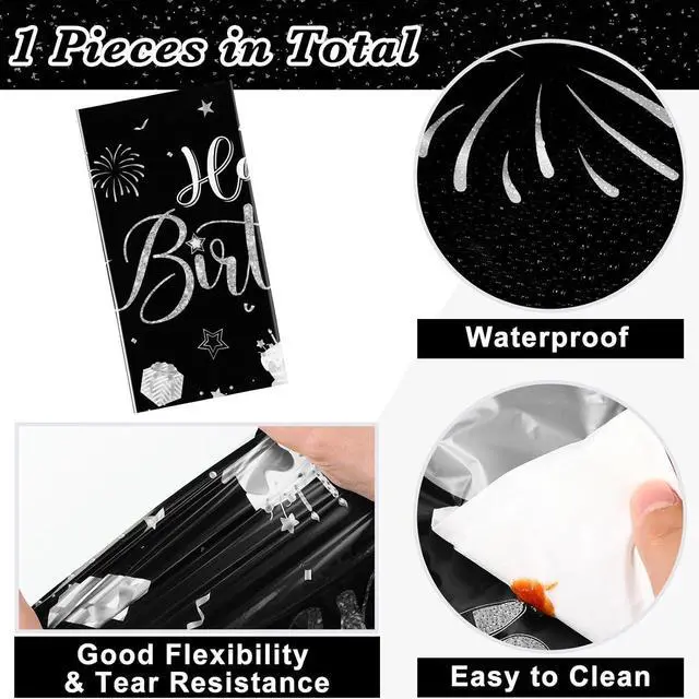 Alt view image 2 of 7 - 3 Pcs Plastic Happy Birthday Party Tablecloths,Black Silver