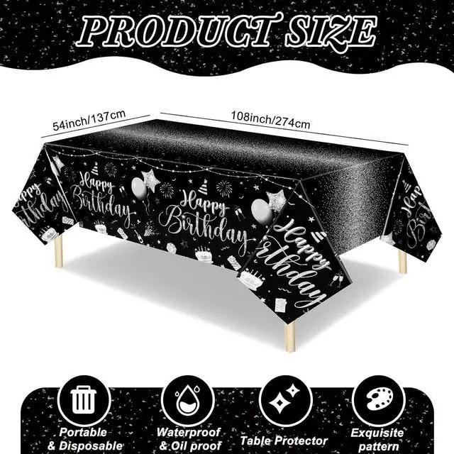 Alt view image 4 of 7 - 3 Pcs Plastic Happy Birthday Party Tablecloths,Black Silver