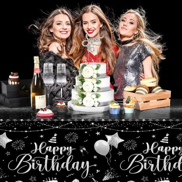 Alt view image 6 of 7 - 3 Pcs Plastic Happy Birthday Party Tablecloths,Black Silver