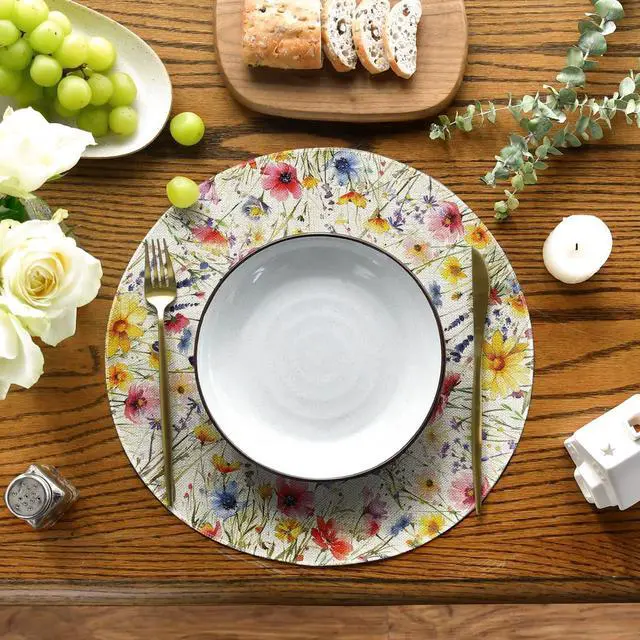 Alt view image 2 of 6 - Daisy Lavender Floral Leaves Spring Round Placemats Set of 4,14 Inch Seasonal Spring Table Mats for Party Kitchen Dining Decoration