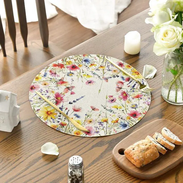 Alt view image 3 of 6 - Daisy Lavender Floral Leaves Spring Round Placemats Set of 4,14 Inch Seasonal Spring Table Mats for Party Kitchen Dining Decoration