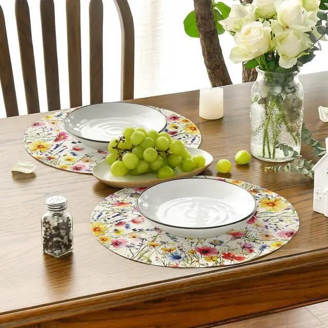 Alt view image 4 of 6 - Daisy Lavender Floral Leaves Spring Round Placemats Set of 4,14 Inch Seasonal Spring Table Mats for Party Kitchen Dining Decoration