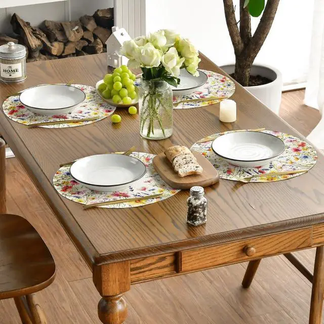 Alt view image 5 of 6 - Daisy Lavender Floral Leaves Spring Round Placemats Set of 4,14 Inch Seasonal Spring Table Mats for Party Kitchen Dining Decoration