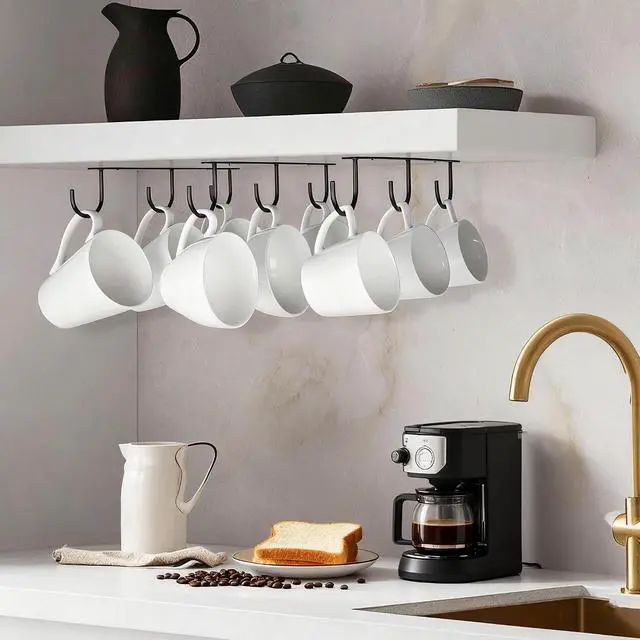 Alt view image 2 of 7 - 3pcs Under Cabinet Mug Hooks,Adhesive/Screw 2 Ways Install Mug Holder,Coffee Cups Hook with 9 Hooks,Mug Organizion Rack for Displaying Mugs/Cups/Kitchen Utensils (Black)