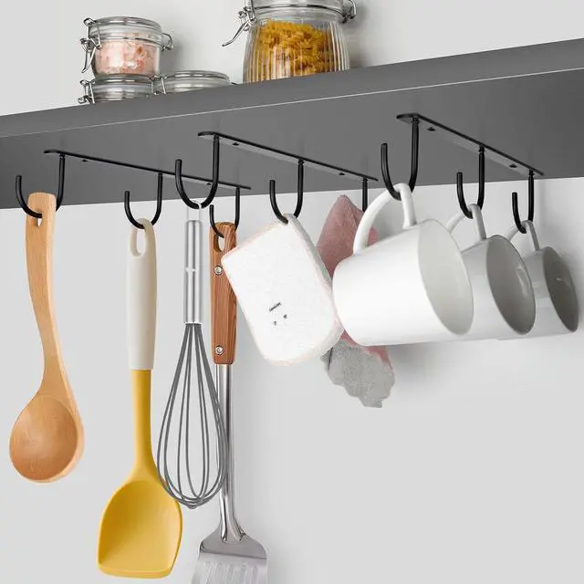 Alt view image 3 of 7 - 3pcs Under Cabinet Mug Hooks,Adhesive/Screw 2 Ways Install Mug Holder,Coffee Cups Hook with 9 Hooks,Mug Organizion Rack for Displaying Mugs/Cups/Kitchen Utensils (Black)