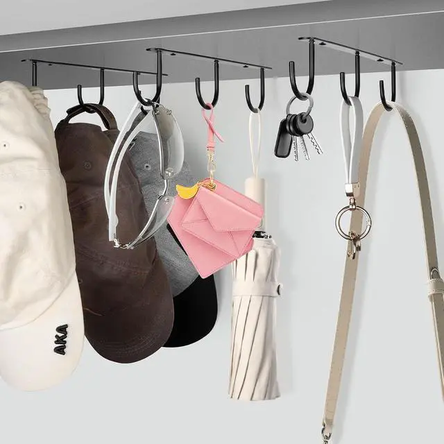 Alt view image 4 of 7 - 3pcs Under Cabinet Mug Hooks,Adhesive/Screw 2 Ways Install Mug Holder,Coffee Cups Hook with 9 Hooks,Mug Organizion Rack for Displaying Mugs/Cups/Kitchen Utensils (Black)