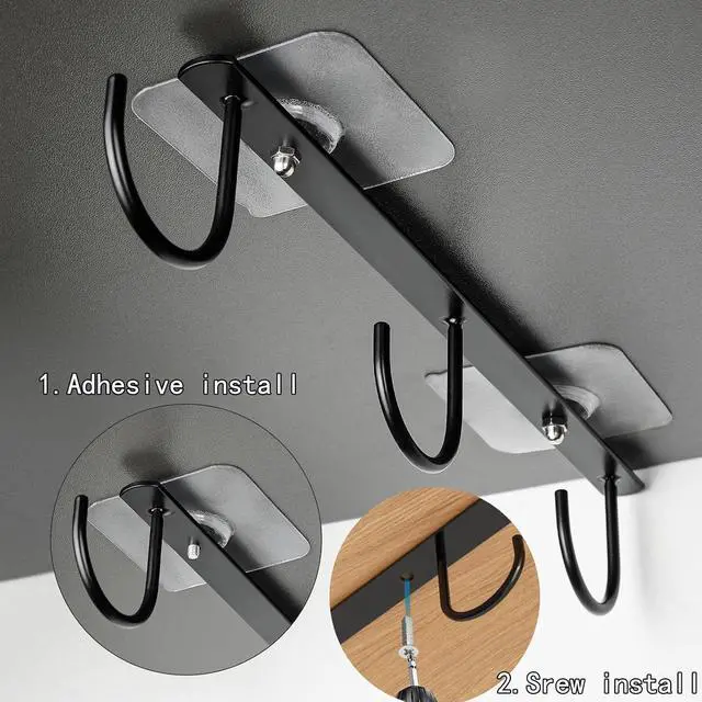 Alt view image 5 of 7 - 3pcs Under Cabinet Mug Hooks,Adhesive/Screw 2 Ways Install Mug Holder,Coffee Cups Hook with 9 Hooks,Mug Organizion Rack for Displaying Mugs/Cups/Kitchen Utensils (Black)