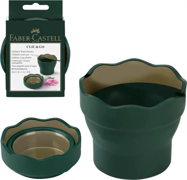 Main image of Clic & Go Artist Water Cup, Dark Green - Travel-Friendly Collapsible Brush Cleaner Tool with Brush Stand, Scalloped Rim, Non-Slip Base, Portable Palette & Rinser