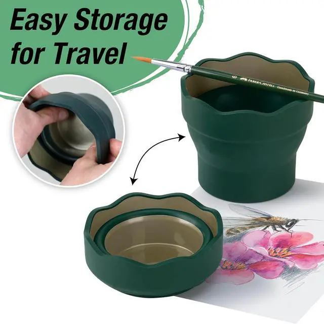 Alt view image 3 of 7 - Clic & Go Artist Water Cup, Dark Green - Travel-Friendly Collapsible Brush Cleaner Tool with Brush Stand, Scalloped Rim, Non-Slip Base, Portable Palette & Rinser