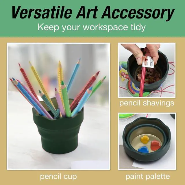 Alt view image 4 of 7 - Clic & Go Artist Water Cup, Dark Green - Travel-Friendly Collapsible Brush Cleaner Tool with Brush Stand, Scalloped Rim, Non-Slip Base, Portable Palette & Rinser
