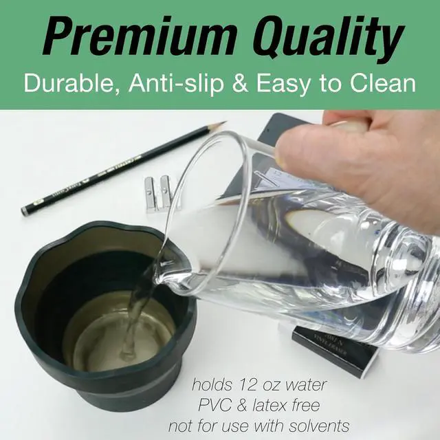 Alt view image 5 of 7 - Clic & Go Artist Water Cup, Dark Green - Travel-Friendly Collapsible Brush Cleaner Tool with Brush Stand, Scalloped Rim, Non-Slip Base, Portable Palette & Rinser
