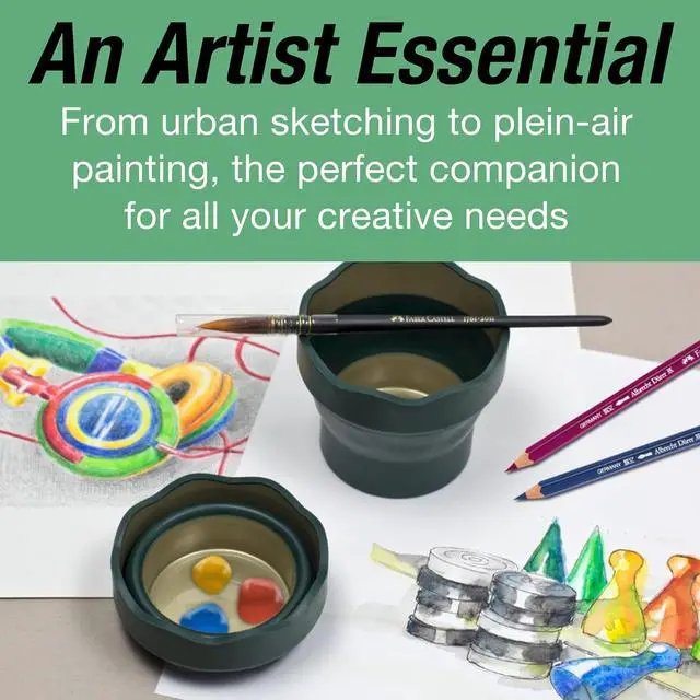 Alt view image 6 of 7 - Clic & Go Artist Water Cup, Dark Green - Travel-Friendly Collapsible Brush Cleaner Tool with Brush Stand, Scalloped Rim, Non-Slip Base, Portable Palette & Rinser