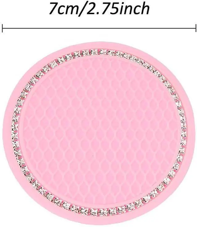 Alt view image 5 of 6 - 2 Pack Bling Cup Holder Insert Coasters, 2.75 Inch Soft Crystal Rhinestone Rubber Pad Set Round Auto Drink Coaster Car Interior Accessories (Pink)