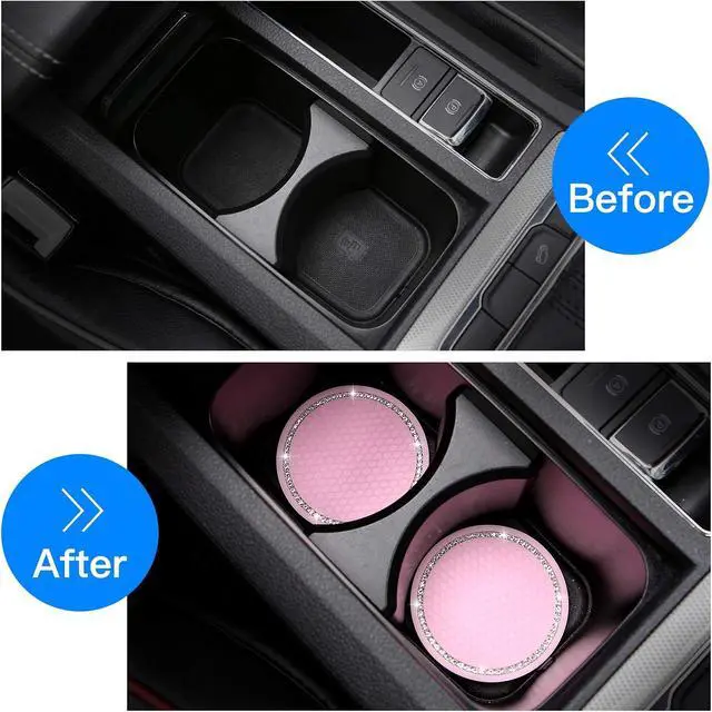 Alt view image 2 of 6 - 2 Pack Bling Cup Holder Insert Coasters, 2.75 Inch Soft Crystal Rhinestone Rubber Pad Set Round Auto Drink Coaster Car Interior Accessories (Pink)