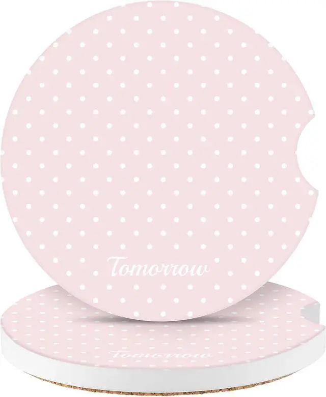 Main image of Cute Fashion Polka Dot Car Coasters 2 Pack for Cup Holders, 2.56 Inch Finger Notch Retro 70's Style Ceramics Heat Resistant Anti Slip Cork Base Car Drinks Coasters Auto Accessories-Pink