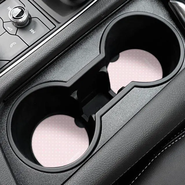 Alt view image 2 of 7 - Cute Fashion Polka Dot Car Coasters 2 Pack for Cup Holders, 2.56 Inch Finger Notch Retro 70's Style Ceramics Heat Resistant Anti Slip Cork Base Car Drinks Coasters Auto Accessories-Pink