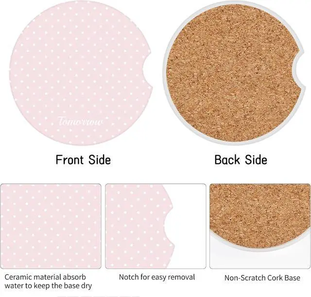 Alt view image 3 of 7 - Cute Fashion Polka Dot Car Coasters 2 Pack for Cup Holders, 2.56 Inch Finger Notch Retro 70's Style Ceramics Heat Resistant Anti Slip Cork Base Car Drinks Coasters Auto Accessories-Pink