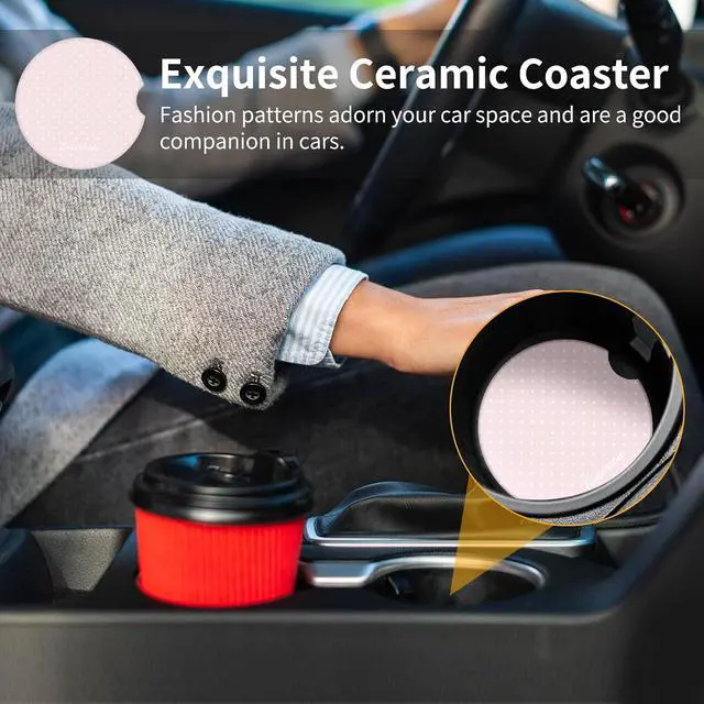 Alt view image 5 of 7 - Cute Fashion Polka Dot Car Coasters 2 Pack for Cup Holders, 2.56 Inch Finger Notch Retro 70's Style Ceramics Heat Resistant Anti Slip Cork Base Car Drinks Coasters Auto Accessories-Pink