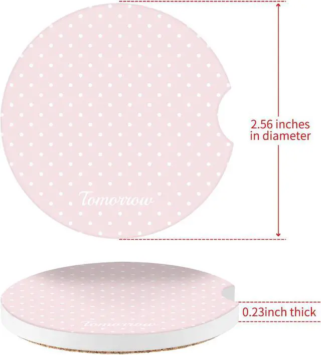 Alt view image 6 of 7 - Cute Fashion Polka Dot Car Coasters 2 Pack for Cup Holders, 2.56 Inch Finger Notch Retro 70's Style Ceramics Heat Resistant Anti Slip Cork Base Car Drinks Coasters Auto Accessories-Pink