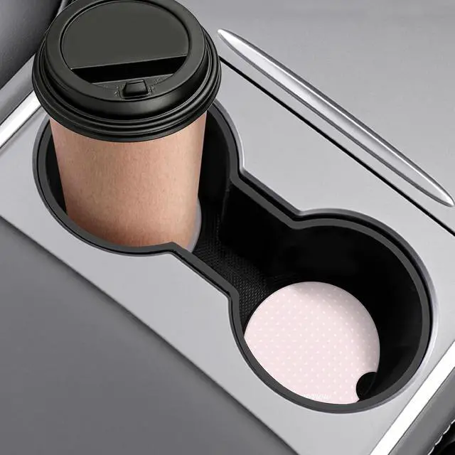 Alt view image 7 of 7 - Cute Fashion Polka Dot Car Coasters 2 Pack for Cup Holders, 2.56 Inch Finger Notch Retro 70's Style Ceramics Heat Resistant Anti Slip Cork Base Car Drinks Coasters Auto Accessories-Pink