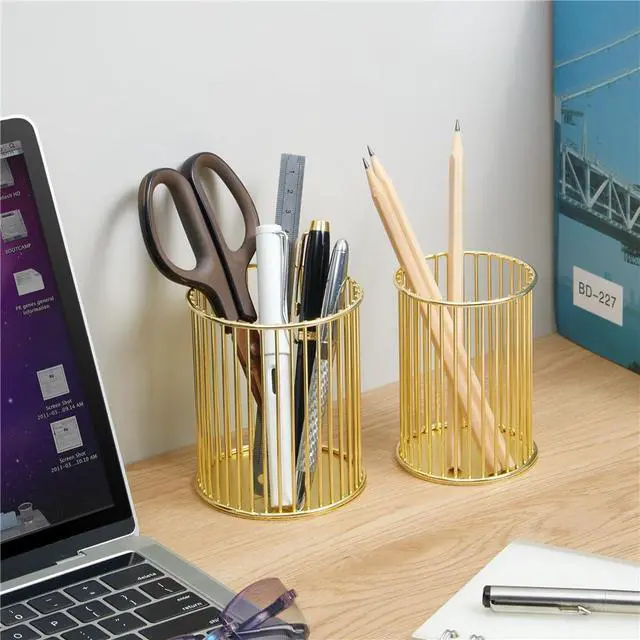 Alt view image 4 of 6 - 2 Sets Metal Pen Holder for Desk, Makeup Brushes Cup Holder, Pencil Holders, Pen cup, Home and Office Organizer, Gold