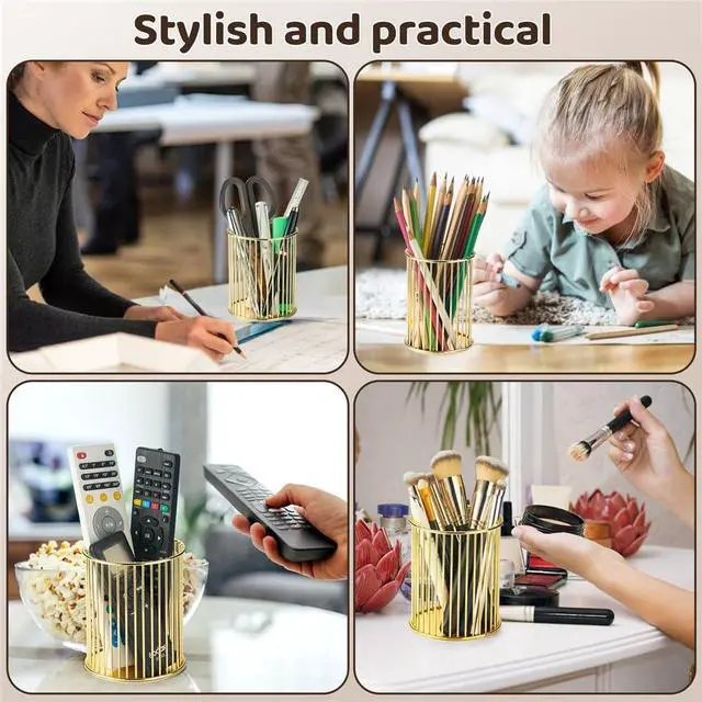 Alt view image 6 of 6 - 2 Sets Metal Pen Holder for Desk, Makeup Brushes Cup Holder, Pencil Holders, Pen cup, Home and Office Organizer, Gold