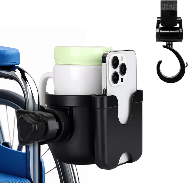 Alt view image 2 of 7 - Wheelchair Cup Holder and Hook, 2-in-1 Walker Cup Holder Attachment, Universal Drinks Holder for Stroller, Scooter, Rollator, Walker, Wheelchair Accessory
