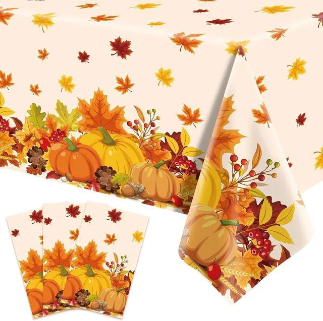 Main image of 3-Piece 54 x 108 Inch Fall Harvest Plastic Tablecloth - Autumn Maple Leaves Disposable Rectangle Table Cover for Thanksgiving Day Parties, Dinners, and Celebrations, Indoor Outdoor Table Decorations