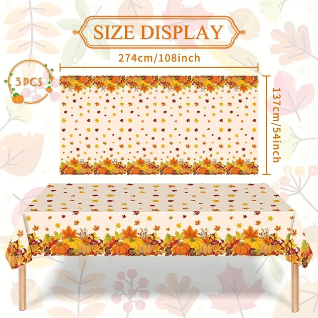 Alt view image 2 of 7 - 3-Piece 54 x 108 Inch Fall Harvest Plastic Tablecloth - Autumn Maple Leaves Disposable Rectangle Table Cover for Thanksgiving Day Parties, Dinners, and Celebrations, Indoor Outdoor Table Decorations