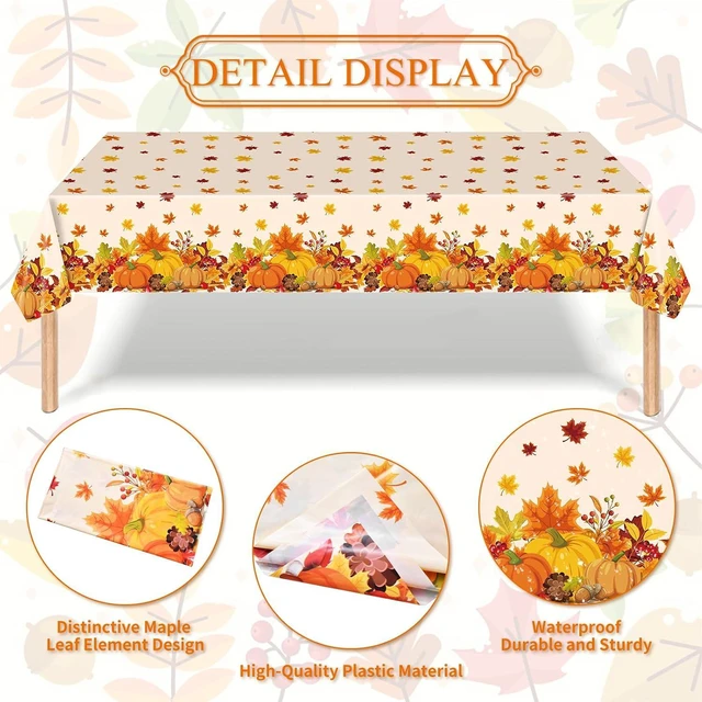 Alt view image 3 of 7 - 3-Piece 54 x 108 Inch Fall Harvest Plastic Tablecloth - Autumn Maple Leaves Disposable Rectangle Table Cover for Thanksgiving Day Parties, Dinners, and Celebrations, Indoor Outdoor Table Decorations