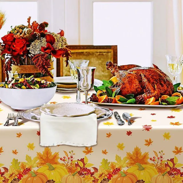 Alt view image 4 of 7 - 3-Piece 54 x 108 Inch Fall Harvest Plastic Tablecloth - Autumn Maple Leaves Disposable Rectangle Table Cover for Thanksgiving Day Parties, Dinners, and Celebrations, Indoor Outdoor Table Decorations