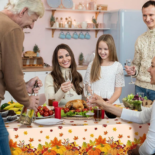 Alt view image 5 of 7 - 3-Piece 54 x 108 Inch Fall Harvest Plastic Tablecloth - Autumn Maple Leaves Disposable Rectangle Table Cover for Thanksgiving Day Parties, Dinners, and Celebrations, Indoor Outdoor Table Decorations