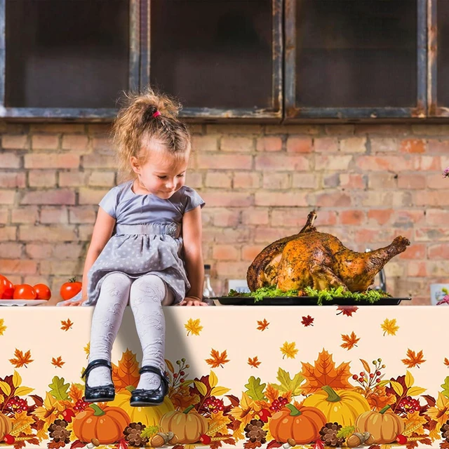 Alt view image 6 of 7 - 3-Piece 54 x 108 Inch Fall Harvest Plastic Tablecloth - Autumn Maple Leaves Disposable Rectangle Table Cover for Thanksgiving Day Parties, Dinners, and Celebrations, Indoor Outdoor Table Decorations